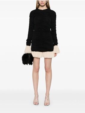 Black Ruched Mini Dress with Cream Ruffle Trim by Rotate Birger Christensen